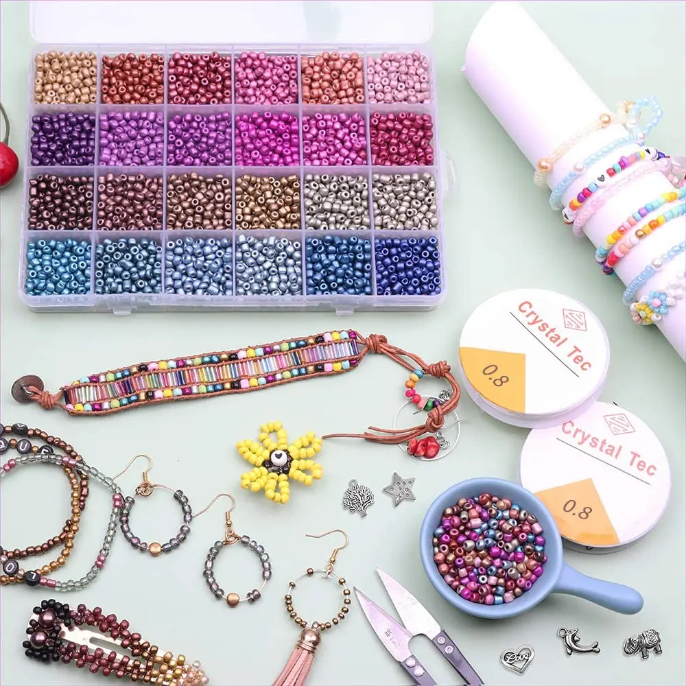 

Glass Seed Beads Started Kit, Small Craft Beads with Elastic String, Perfect for DIY Bracelet Jewelry Making - 2/3/4mm