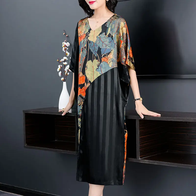 

2021 Imitate Silk Dress New Summer Women Loose Plus Size Casual Dress OL Work Wear Vintage Print Beach Sundress Vestidos B171