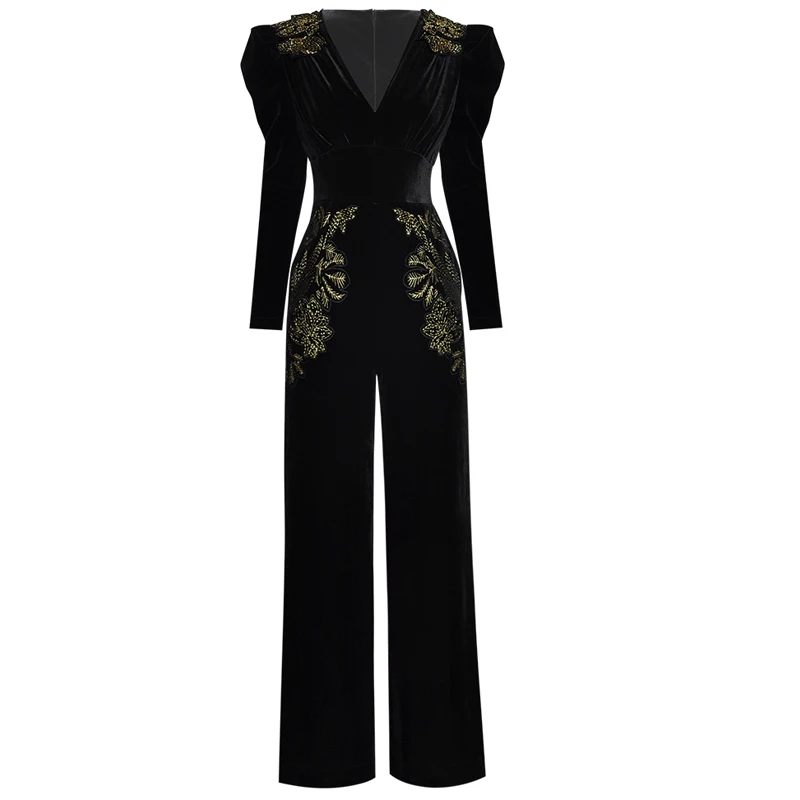 Janeyiren fashion Spring Summer Designer runway Jumpsuits Women's V-neck Long sleeve Gold Line Embroidery Velvet Jumpsuits