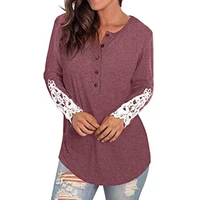 fashion women long sleeve lace patchwork t shirt spring autumn o neck buttons top girls casual t shirts tops streetwear