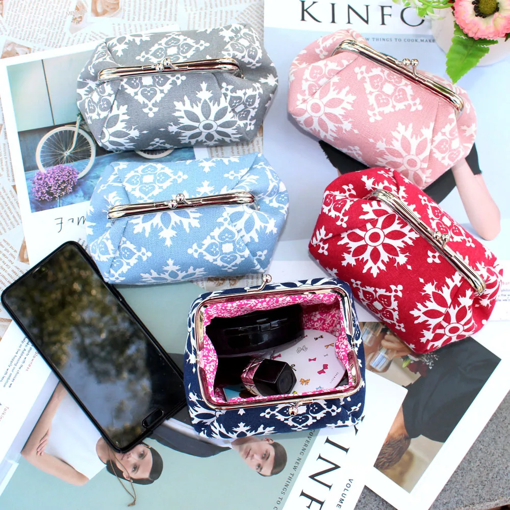 

National Flower Printing Hasp Coin Purses Cotton Leather Zero Change Wallet Lady Card Holders Key Bag Purse Pendant Pouch