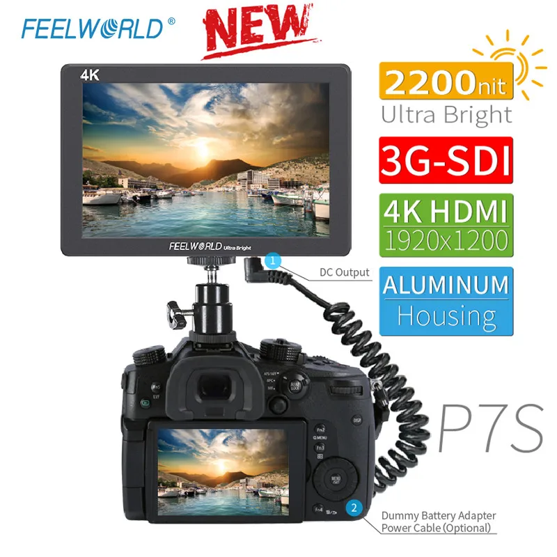 

FEELWORLD P7S 7 Inch 2200nit Ultra Bright 3G-SDI 4K HDMI DSLR Camera Field Monitor Aluminum Design forSony Nikon Canon Filmmaker
