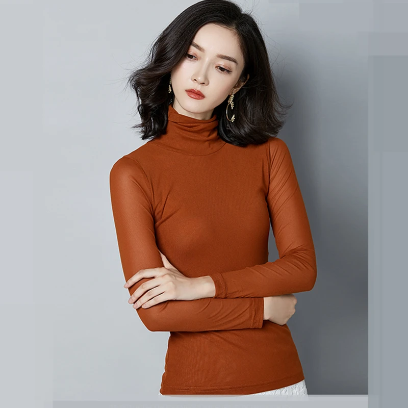 

Korean Autumn Mesh Long Sleeve Women T-shirt Female Slim Turtleneck Tshits Loose Ladies Tops Office Lady T Shirts