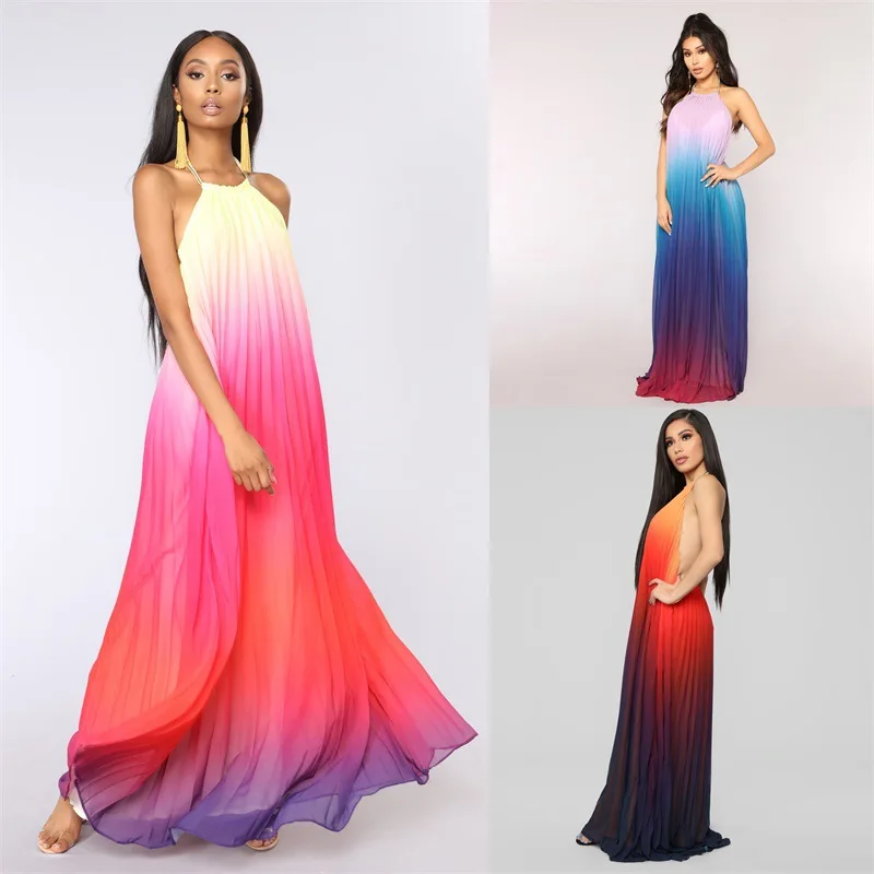 

Echoine Print Sleeveless Halter Lace Up Backless Maxi Long Dress Pleated Chiffon Vintage Robe Ladies Bohemian Beach Boho