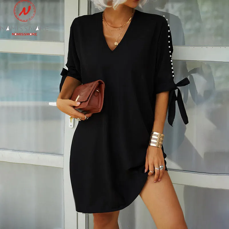 

Women Summer Solid Color Dress for Streetwear Hollow Out Design Beading Bandage Decor V-Neck Half Sleeve Casual Loose Dress