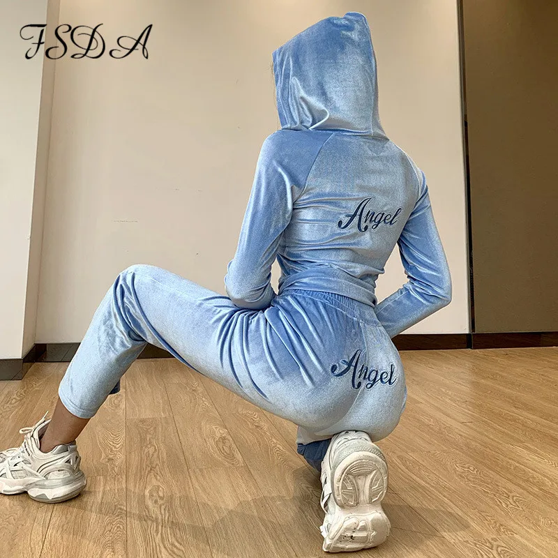 Бархатный женский комплект FSDA синий осенне зимний укороченный топ с капюшоном и