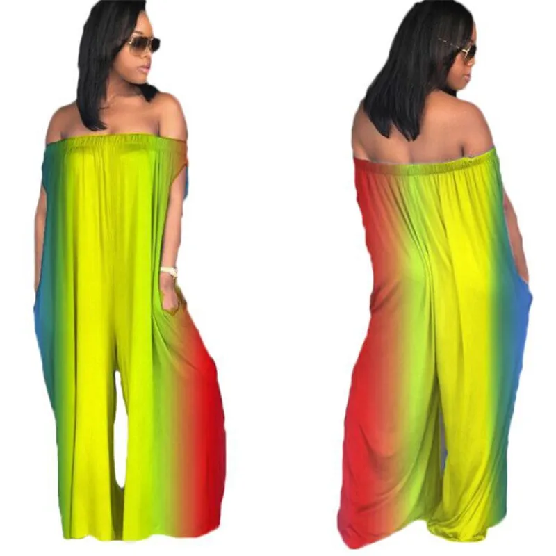 

Rainbow Printed Strapless Off Shoulder Jumpsuit Women Sexy Slash Neck Sleeveless Wide Leg Romper Loose Casual Jumpsuit Female