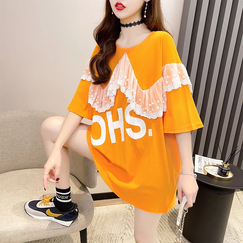 

#0697 черная, зеленая, оранжевая футболка с длинным рукавом, Женская сращенная кружевная Повседневная Уличная футболка с круглым вырезом в ст...