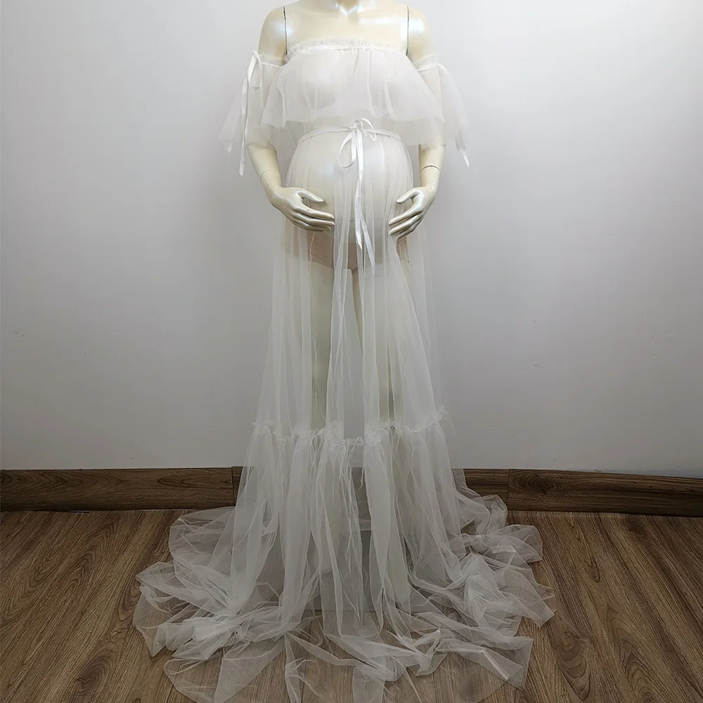 Don&Judy Hot Sale See Through Women Dress Off Shoulder Long Tulle Ruffle Pregnant Photo Shoot Robe  Sheer Party Gown Baby Shower