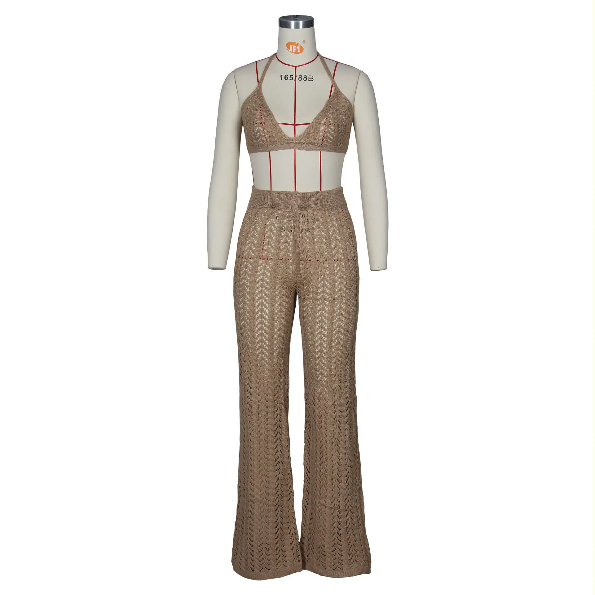 

Fishnet Hollow Out Women 2 Piece Set See Through Halter Bra + High Waist Wide Leg Pants Matching Set 2021 Summer Beach Outfits