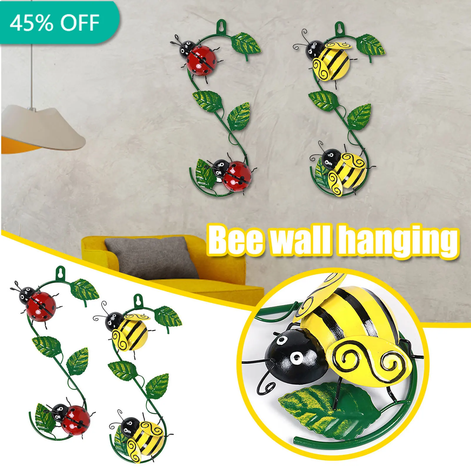 

3D Metal Bee Wall Decor Art Decorative Sculpture With Green Leaf Patio Porch Entrance Backyard Background Wall Decoration