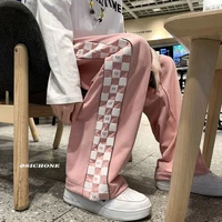 houzhou korean fashion pink plaid pants women joggers sweatpants harajuku jogging oversize black wide leg checked trousers