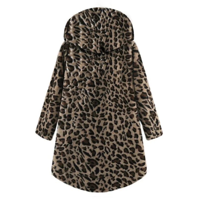 

Winter Comfort and Leisure Hooded Solid Color Leopard Print Plush Coat for Women with Buttoned Long Sleeves Sweatshirt Zipper
