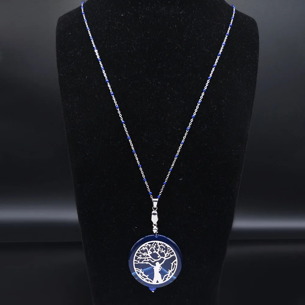 

Stainless Steel Tree of Life Long Necklace Blue Color Natural Stone Long Statement Necklace Jewelry collares largos NFB5S04