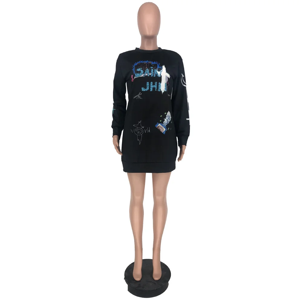 

Streetwear Letter Print Loose T Shirt Mini Dress Women Black O Neck Long Sleeve Oversize Dress Autumn Casual White Party Dresses