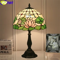 FUMAT tiffany style desk lamp lotus leaf table light dia12 inch e27 lamps dragonfly lampshade stained glass home decor lamps