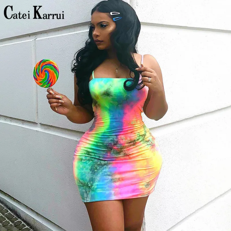 

Catei Karrui 2020 new women's dress summer fashion tie dye suspender dress sexy hip dress necessary for Nightclub