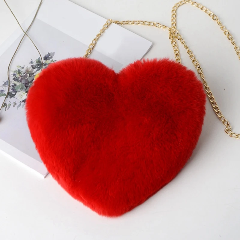 

ASDS-Heart-Shaped Bag Female Chain Messenger Bag Plush Love One-Shoulder Furry Valentine's Day Bag