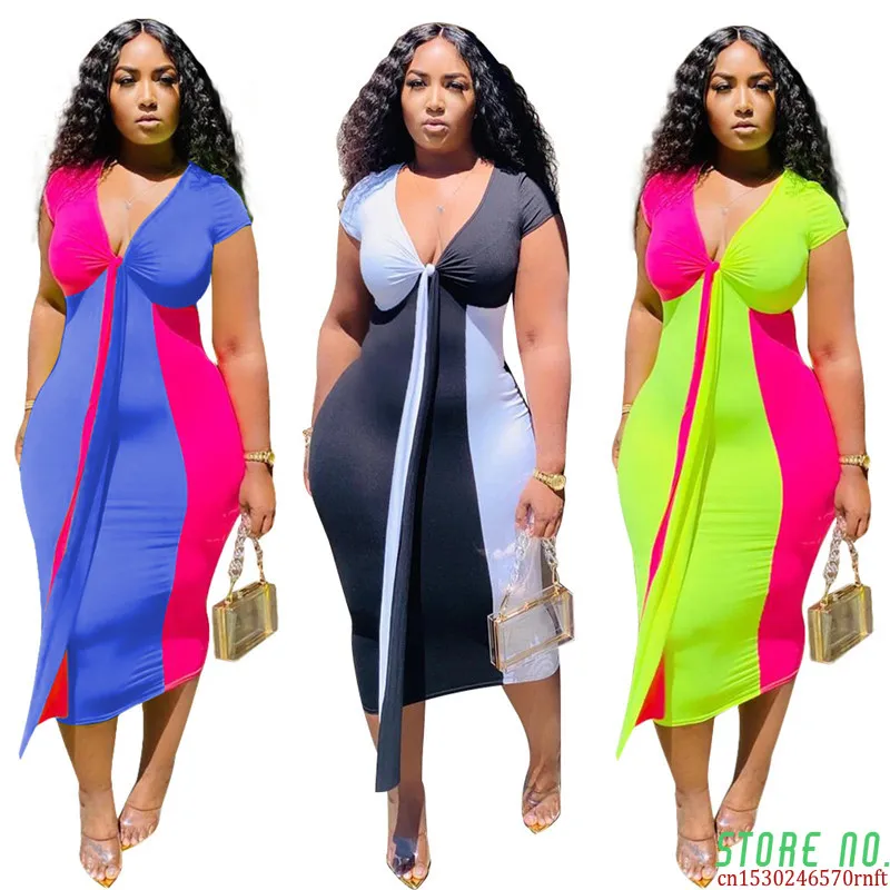 

Wholesale Dropshpping Plus Size Women Dress New Design Fashion Tight Elastic Stitching V-neck Temperament Short-sleeved Dress