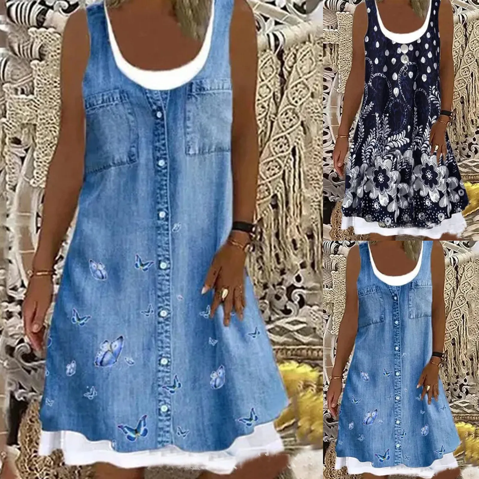 

64# Vintage Floar Dress Women Floral Print Daily Casual Sleeveless Fake Two Pieces Bohemian O-neck Dress Vestidos Mujer Verano