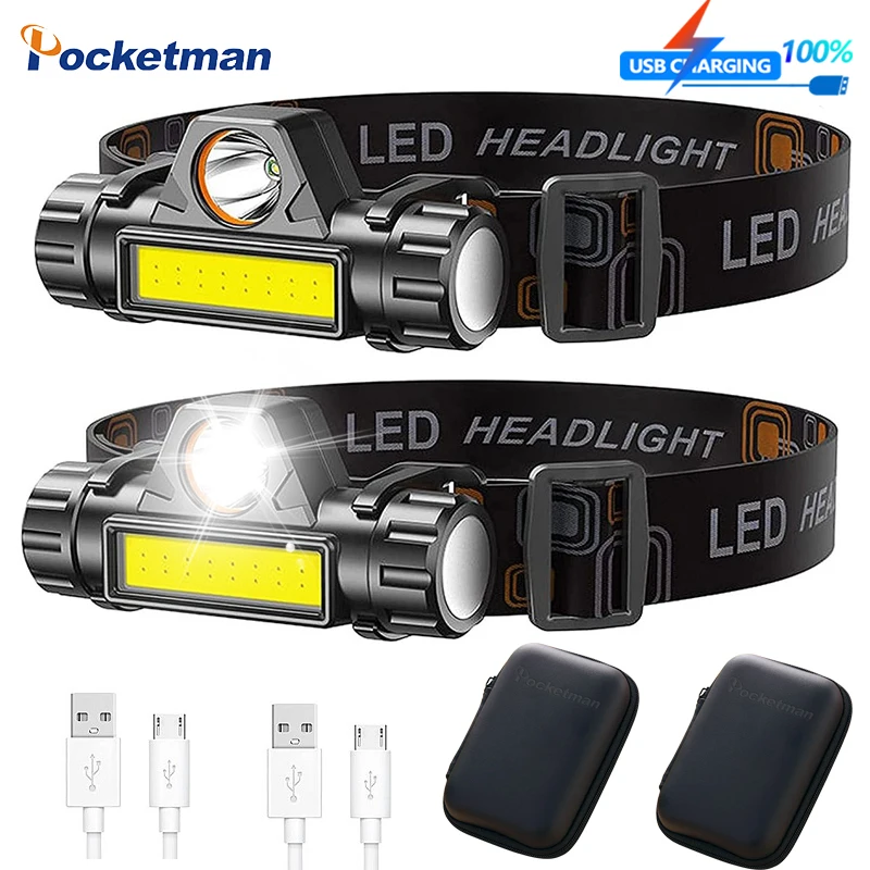 

Powerful Built-in 18650 Battery Headlamp Q5+COB LEd Headlight USB Rechargeable Head Torch Waterproof Head Front Lights