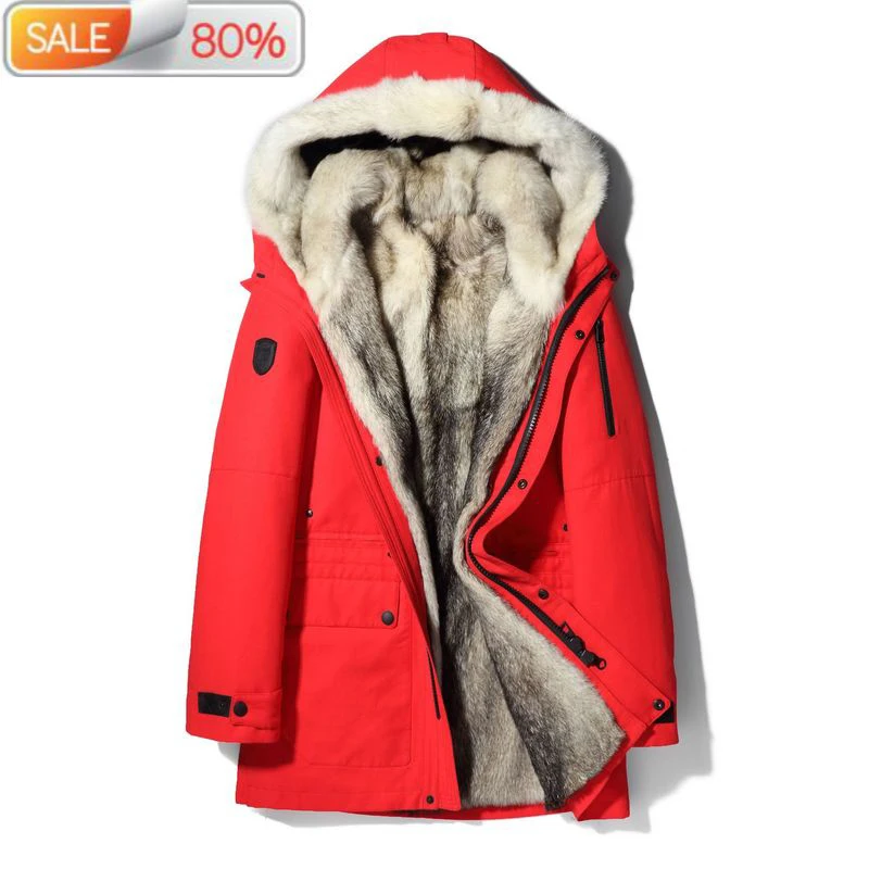 Парка мужская зимняя длинная из натурального меха волка B22425|Мужские кожаные