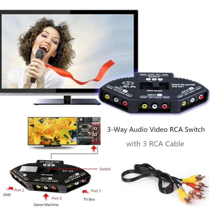 Tonbux Q8 3-Way аудио-видео AV RCA сплиттер Переключатель Селектор коробка с 3 кабель 3-1