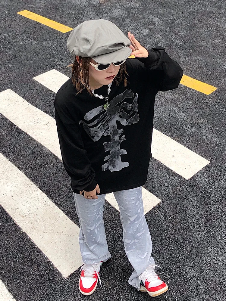 

2021 new skull print streetwear long-sleeved pattern T-shirt Harajuku y2k top blouse gothic clothing bluzki