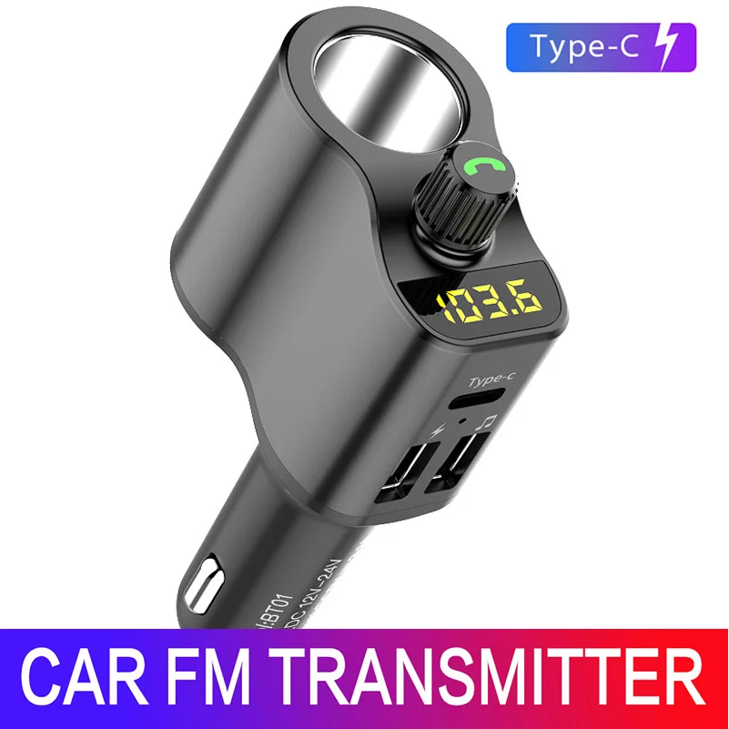 

Konrisa Car Bluetooth FM Transmitter Type-C Cigarette Lighter Socket Dual USB Port Handsfree Car Kit Music Player Support U-disk