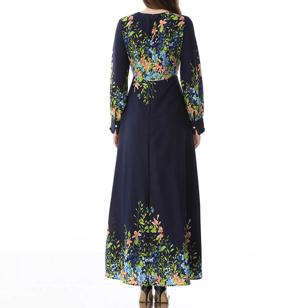 

Muslim Ladies Dresses Spring Autumn Fashion Temperament Loose Casual Elegant Simple High Waist Printing Round Neck Long Sleeve