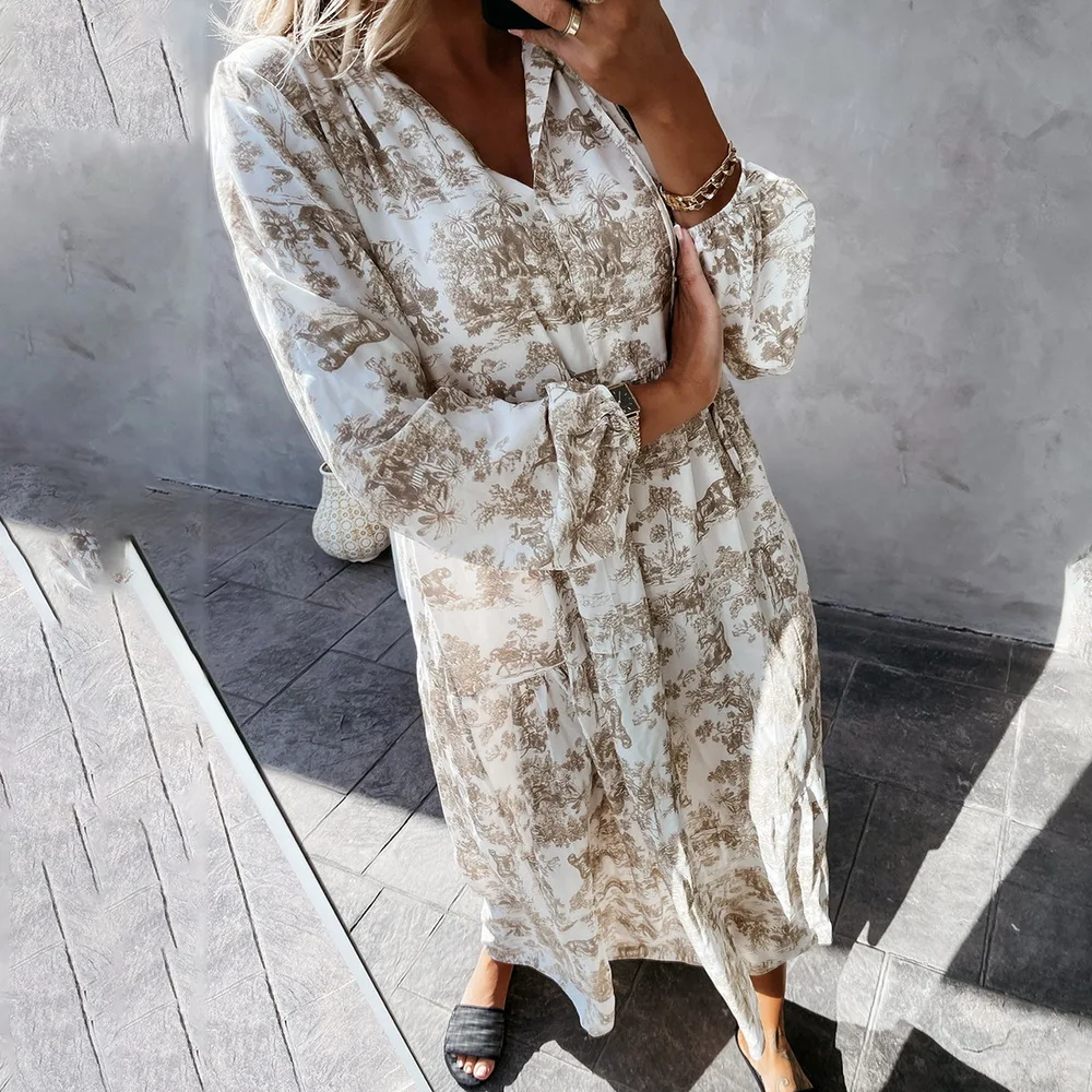 

Elegant Lace-Up Drawstring Dress Summer Fashion Flower Print Long Sleeve Party Dress Women Casual V Neck Loose Maxi Dress Mujer
