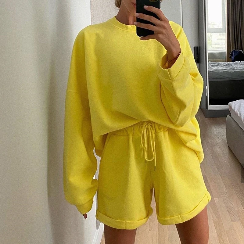 

2021 New Summer Women O-Neck Full Sleeve Shorts Homewear Pajamas Suits Super Short Top Elastic Waist Loungewear Sweet Streetwear