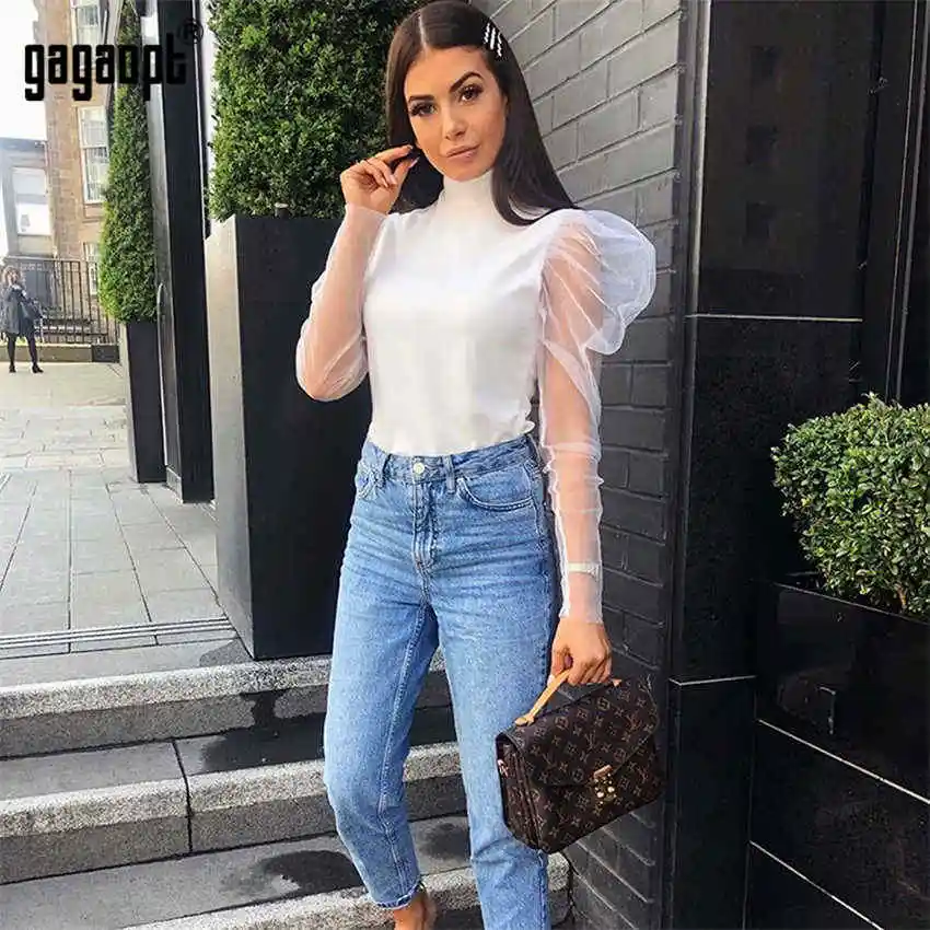 Gagaopt O Neck Mesh Crop Tops Women Autumn Shirts Lady Sexy Perspective Stitching Party Blouse - Color: White
