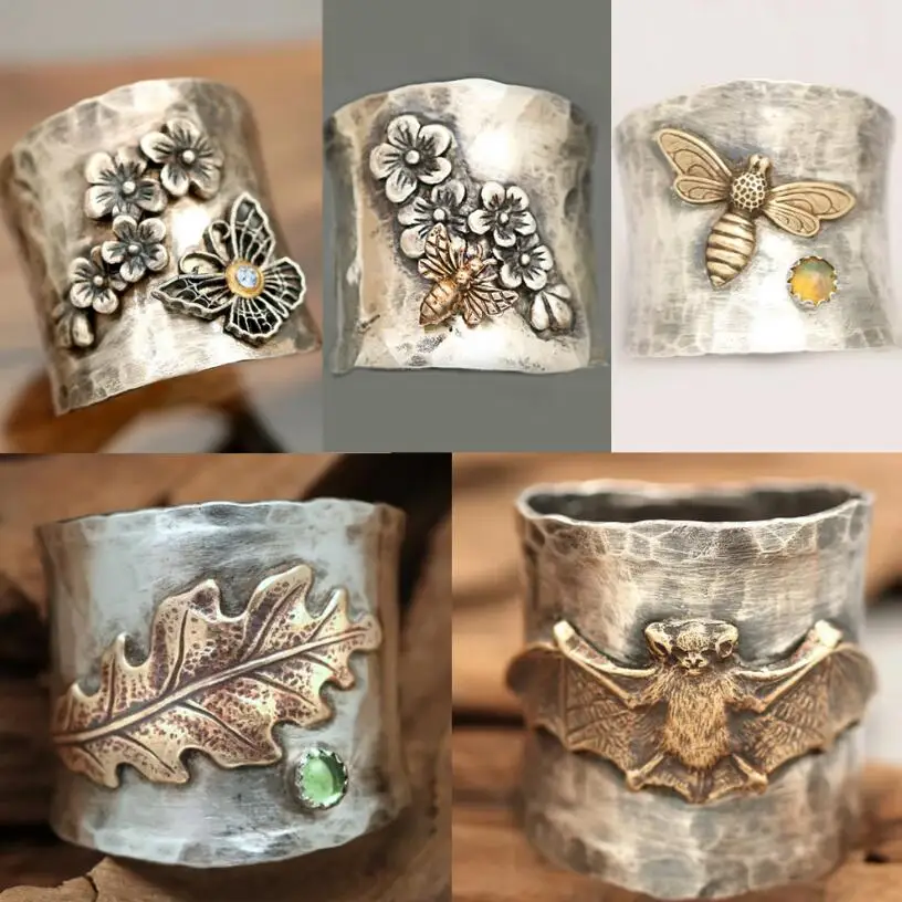 Vintage Antique Jewelry Women Thai Silver Bee Flower Bat Carved Finger Ring Punk Trend Rings Female Handmade Jewelry Gifts