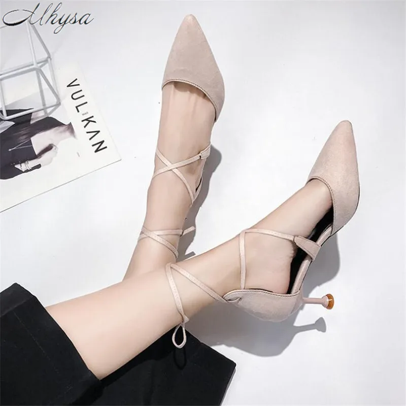 

2020 Spring new fashion single shoes pointed hollow foot straps high heel women's shoes solid color lace up sandals L116