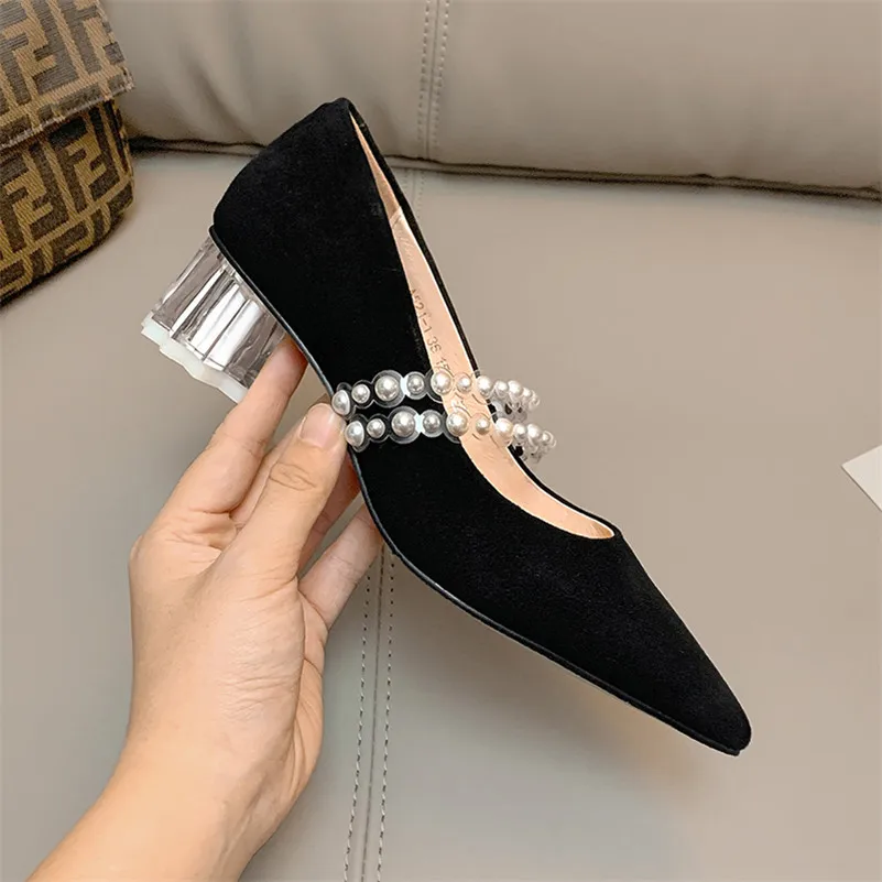 

Meotina Mary Janes Shoes Women Real Leather Mid Heel Pumps Pointed Toe Crystal Strange Style Heels Shoes Pearl Party Footwear