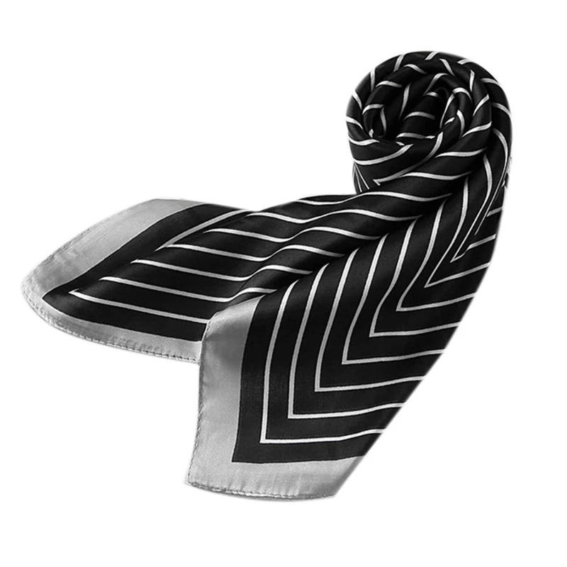 

Women Silky Satin Square Scarf Contrast Color Striped Print Neckerchief Hairband LX9E