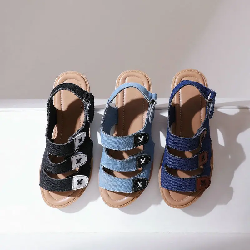 

AGODOR Denim Sandals Flats Shoes Women 2020 Low Heel Hook&Loop Sandals Open Toe Casual Women Summer Shoes Size 34-43