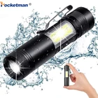 Светодиодный фонарик Q5 + COB, портативный супер яркий водонепроницаемый фонарик, настраиваемый фонафонарь с батареей АА 14500