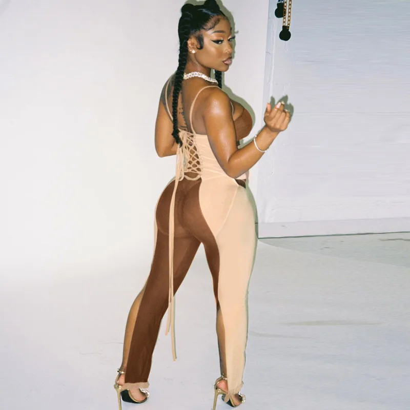 

Women's Sexy Bodycon Romper Sleeveless Spaghetti Strap Cut Out Lace Up One Piece Jumpsuit Pants Sexy hedging thread tie-dye vest