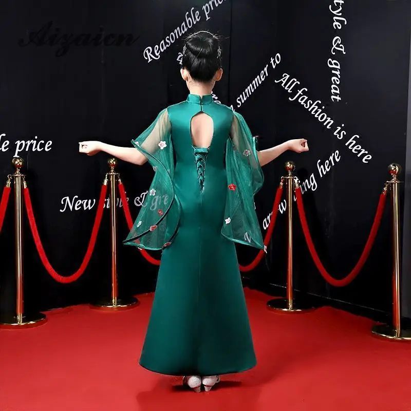 Cheongsam/зеленое вечернее платье русалки для девочек с шалью Qipao свадебное подиум
