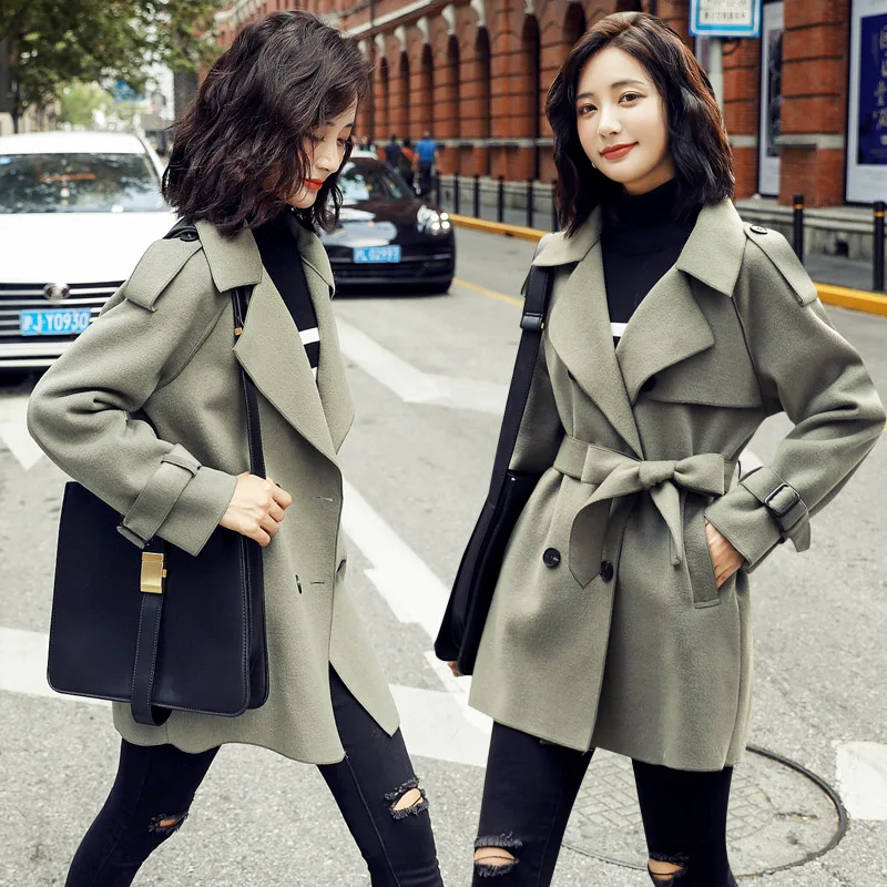 

Double-sided Wool coat Slim Mid-length Women 2020 New Autumn winter Cashmere Double breasted Outerwear Belt Wool jacket Female