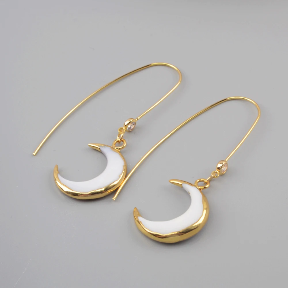 

BOROSA Moon Shape Gild White Shell Dangle Earrings Natural Shell Gold Earring with CZ White Crystal Earrings for Women HD0187