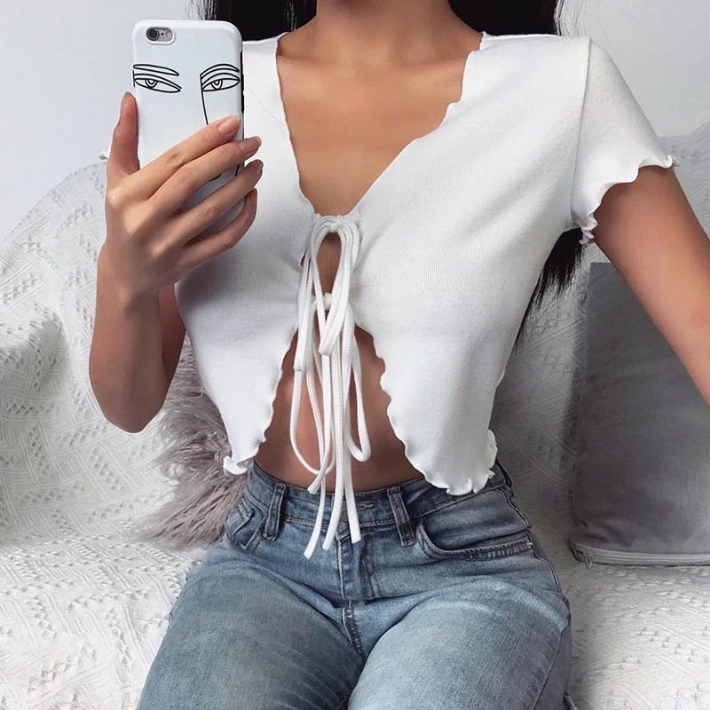 Женская футболка в рубчик с оборками однотонный Укороченный кардиган открытым