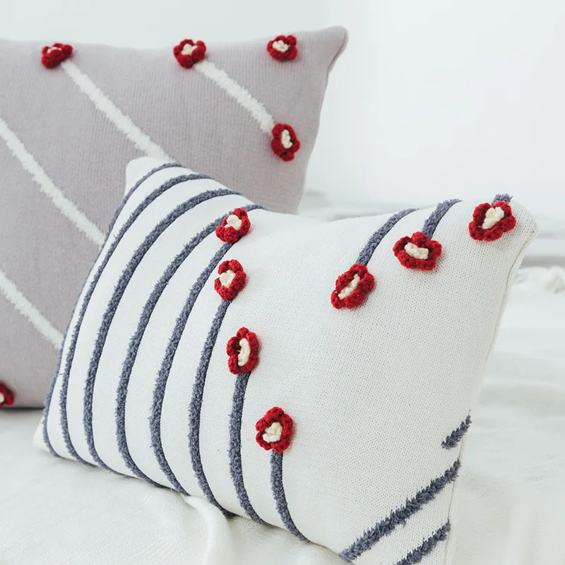 Вязаная наволочка для подушки однотонная цвета слоновой кости серый розовый