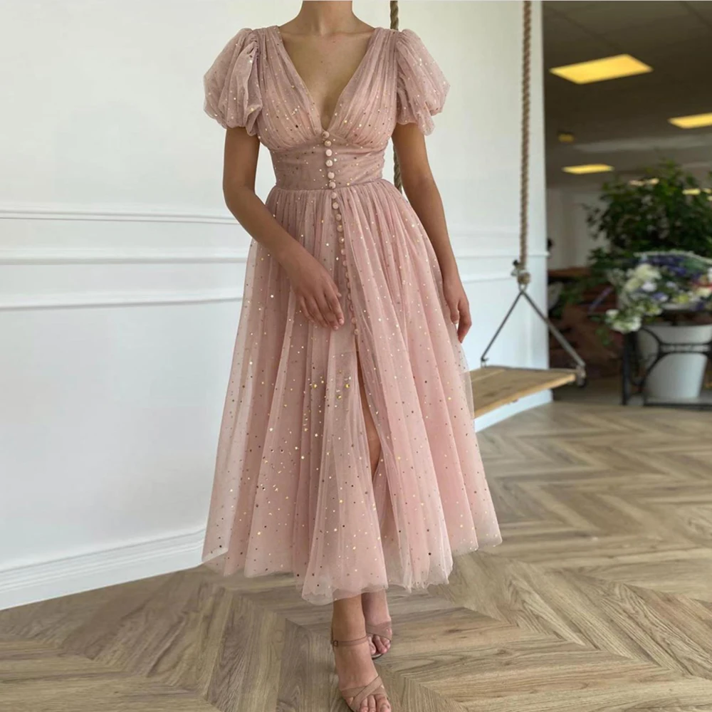 

Simple Pink Deep V-neck Tulle Prom Dresses With Golden Stars Short Puffy Sleeves Buttons Tea Length Party Gowns With Sequin