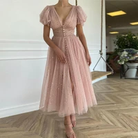 simple pink deep v neck tulle prom dresses with golden stars short puffy sleeves buttons tea length party gowns with sequin