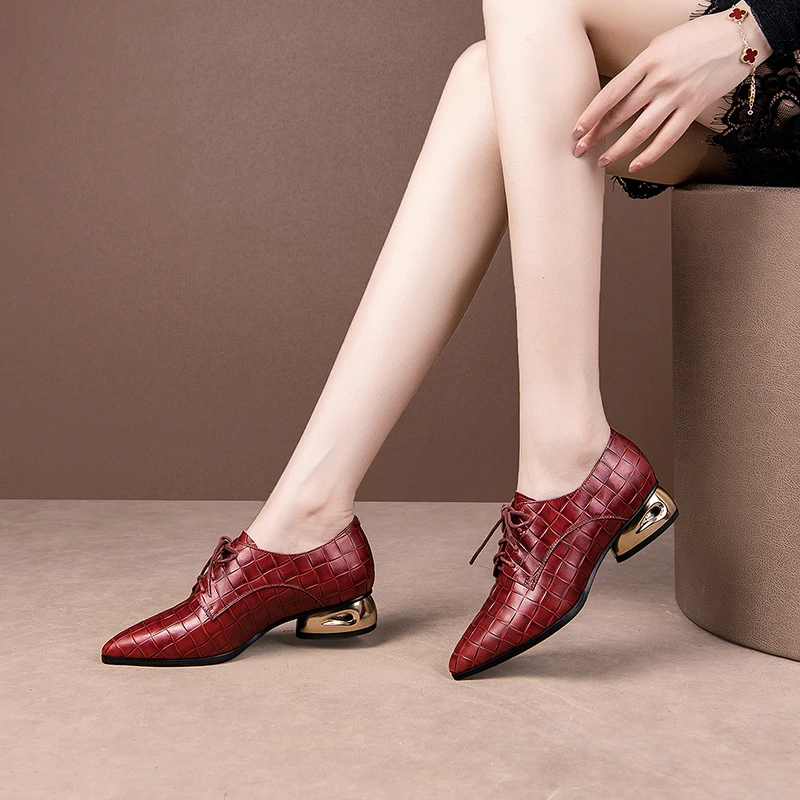 

2020 Women Elegant Pointed Toe Thick Heels Genuine Leather Lace Up Shallow Women Party Prom Office Woman Shoes