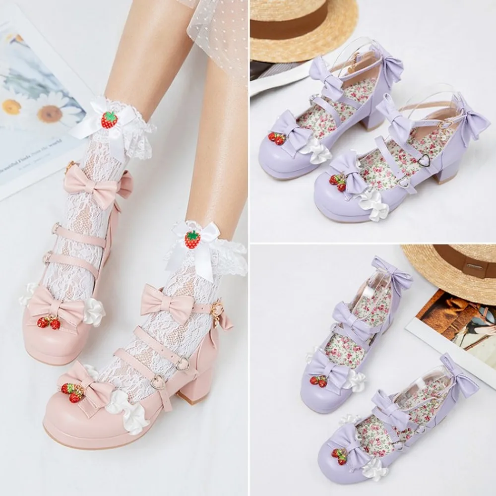 

Womens Mary Jane Bowknot Strawberry Rhinestones Lace Lolita Block Mid Heel Pumps Chunky Shoes Belt Sweet Plus Size 34-43 3Colors