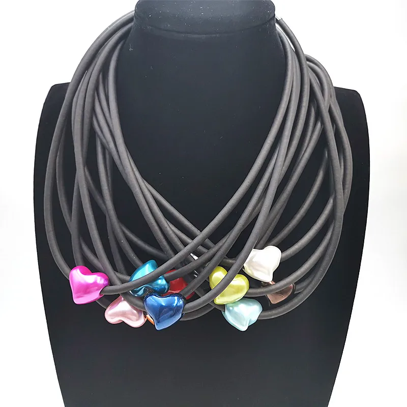 

YD&YDBZ Colorful Pearl Heart Shape Charms Necklace For Women Luxurious Soft Leather Rubber Rope Necklaces Handmade Festival Gift